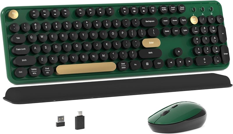 MPTOG Colorful Wireless Computer Keyboard and Mouse Combo with Round Typewriter Keycaps, Retro Design, Power Switch, Ergonomic Design, 2.4GHz Wireless for Windows, Mac, PC(Dark Green) - Image 1